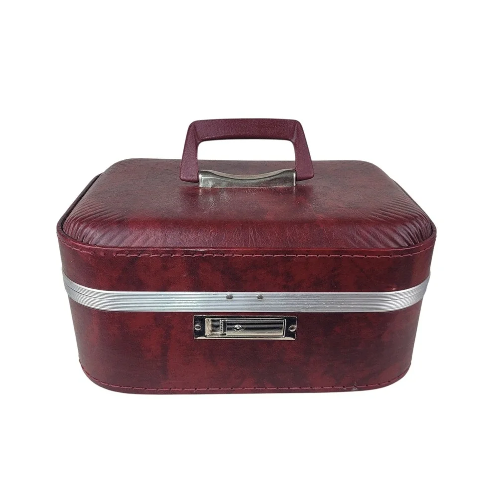 Vintage Burgundy Faux Leather Train Case Vanity Makeup Box Mid Century Travel